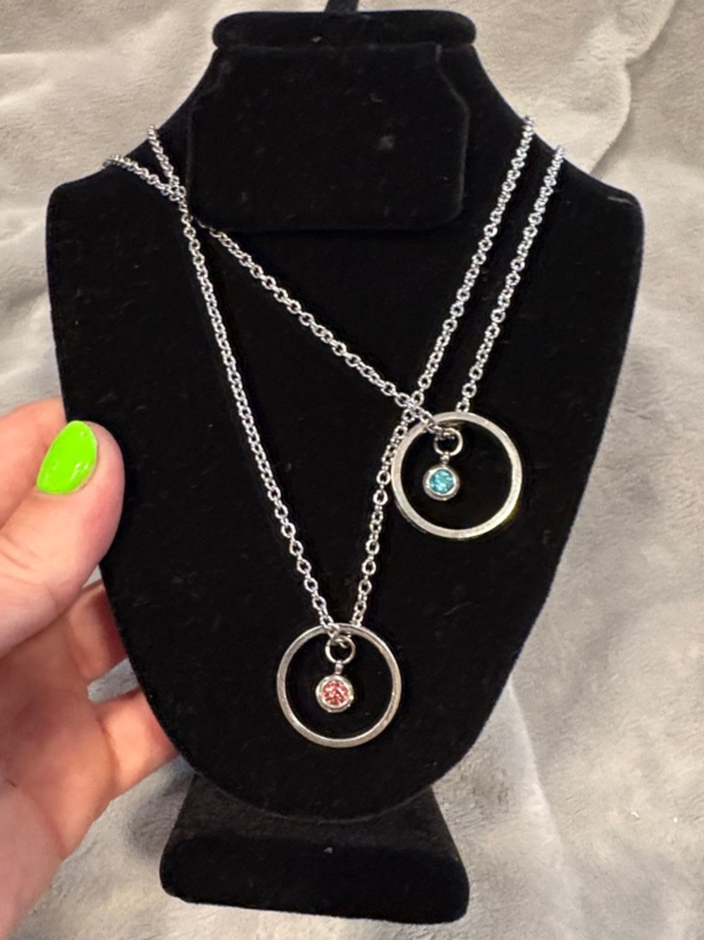 Silver Double Circle Pendant Necklace with Pink and Blue Crystals